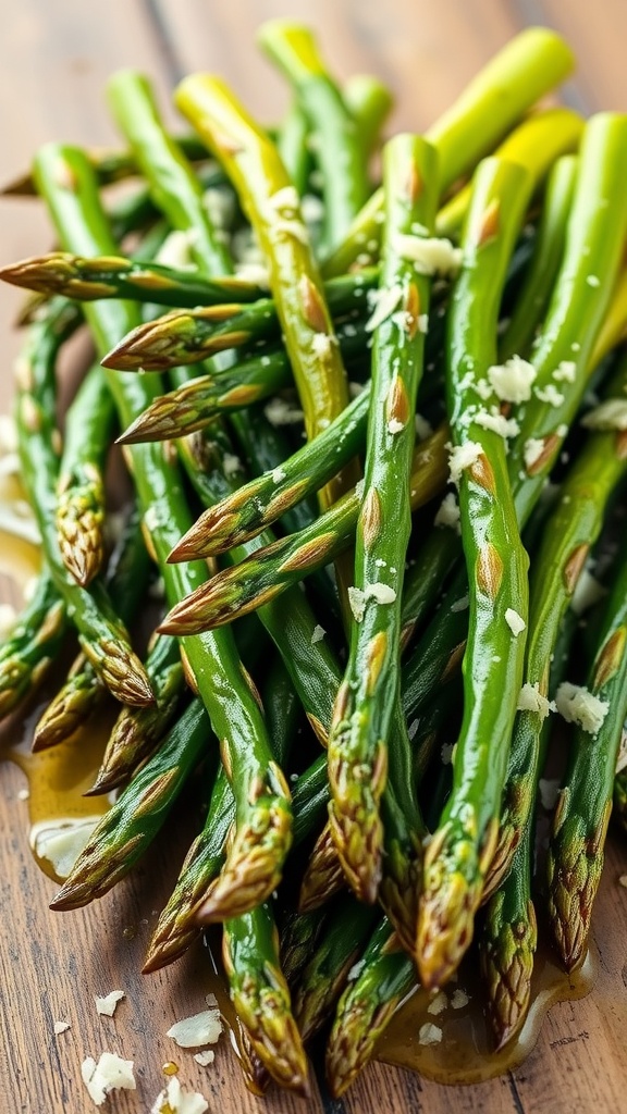 Bowl of roasted asparagus drizzled with olive oil and garnished with garlic and Parmesan cheese.